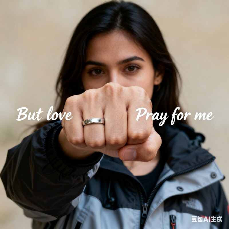 分享一组提示词:生成一张这样的照片：一个女性向前伸出拳头，拳头居于照片中间位置且遮挡人物面部约1/3，无名指上戴着一枚银戒指