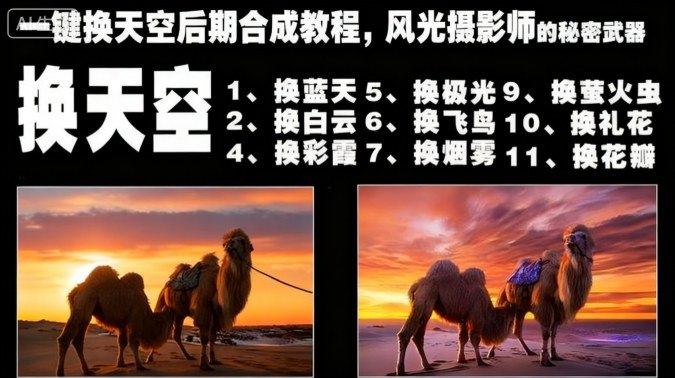 课程内容：01、1-为夜晨添加礼花效果,mp402、2-添加董火虫效果,mp403、3-添加梦幻前晨,mp404、4-为照片添加孔明灯.mp405、5-为照片添加银河,mp406、6-为照片添加彩霞,mp407、7-添加雪花,mp408、8-为夜景添加极光.mp409、9-添加飞鸟.mp410、10-为照片添加蓝天白云,mp411、11-添加自己拍摄的天空,mp412、12-叠加换天空方法,mp413、13-后期合成天空,mp414、14-塔加天空细节,mp415、15-换天空后统一色调,mp416、16-添加飞飞乌并改变队形,mp417、17-为朝霞添加云彩,mp418、18-添加晨雾效果,mp419、19一合成后去除背景杂色.mp420、20-调整广角运视效果,mp421、21-调整画布大小,mp422、22-统一天空与地面颜色.mp423、23-白天变夜景-添加极光.mp424、24-自天变夜景-添加星轨.mp425、25-为夜晨添加烟花,mp426、26-合成中国风.mp427、27-添加蓝天白云技巧,mp428、28-去除换天空后的白边,mp429、29-同部换天空,mp430、30-制作极简风格云彩.mp431、31一合成天空时提亮前景方法,mp432、32-剪影后期合成天空方法.mp433、33-添加月亮并制作月亮.mp434、34-合成绚丽的光线.mp435、35-制作飞舞的花瓣.mp436、36-合成暖色调,mp437、37-合成城市风光.mp438、38-添加梦幻前景.mp439、39-添加星轨.mp440、40-总结.mp4感兴趣的可以下载学习，本项目仅供会员下载学习，严禁外传  此处内容已隐藏，请付费后查看