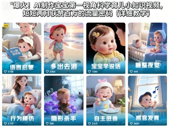 项目介绍：如果说爆火赛道，除了治愈系，就是育儿系了，作者起号两月，获赞200W，粉丝更是突破40W！这数据你们不眼馋吗？这类视频比较新颖，利用婴儿第一人称自述，指出错误带娃方式，无形中科普了育儿知识，可谓是有婴儿的家庭必备！账号起来之后，可以收徒、挂橱窗等项目内容：1,如何用智能体创作爆款文案,mp42,如何提取爆款文案创作,mp43.如何用豆包创作文案,mp44.,如何把文案做成音频,mp45.制作主角人物.mp46.如何对口型,mp47.如何制作画面分镜头.mp48.剪辑以及创作画面内容,mp49,发布作品时如何制作封面,mp410.低价购买即梦积分.mp411.标注Al.mp4起号流程,jpg提示词jPg注意事项jP9感兴趣的可以下载学习，本项目仅供会员下载学习，严禁外传  此处内容已隐藏，请付费后查看