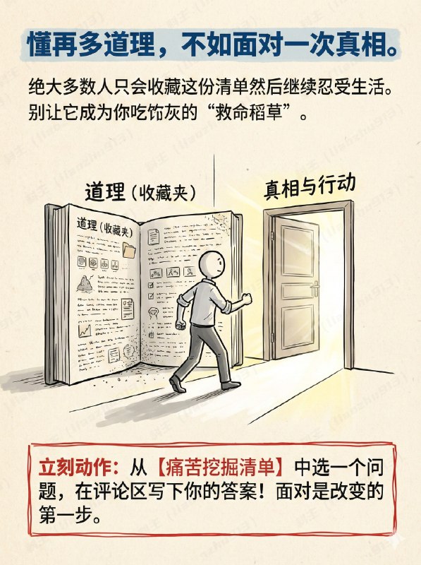 如何在一天内彻底重塑你的人生系统来自DanKoe的深度长文，我从中提炼了3个打破认知枷锁的工具清单，分享给懂很多道理，但生活依然没有起色的你：1. 痛苦挖掘清单：- [ ] 我已经学会忍受的、持续而隐约的不满是什么？- [ ] 过去一年我最常抱怨哪三件事？- [ ] 我目前的行为到底在保护什么（面子、安全感）？- [ ] 为了不改变，我用了什么尴尬的理由（借口）？2. 反愿景检查点：- [ ] 描述5年后的普通周二（如果我不改变）：我在哪里醒来？我的身体感觉如何？我醒来后的第一个念头是什么？谁在我身边？我9点到18点之间在做什么？晚上10点时，我感觉如何？- [ ] 到生命尽头时，我因为选择了“安全”而失去了什么体验？代价是什么？你从未允许自己去感受、尝试或成为的是什么？3. 游戏化系统构建清单：- [ ] 反愿景：不想过的生活（地狱）