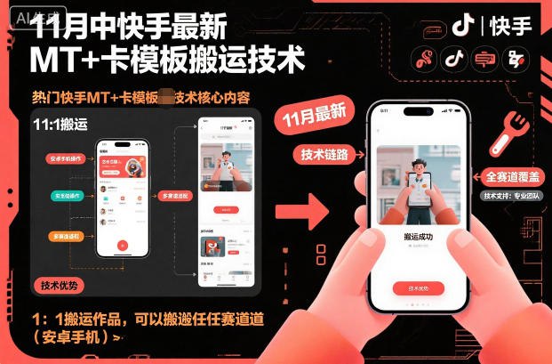 技术介绍:目前快手最搬运最安全，最实用的方法就是mt，原理是快手一些自带的(剪辑模板)(魔法特效)做出来的视频官方不查相似度，所以利用软件把里面的内容视频替换成你搬运的视频，达到过审效果