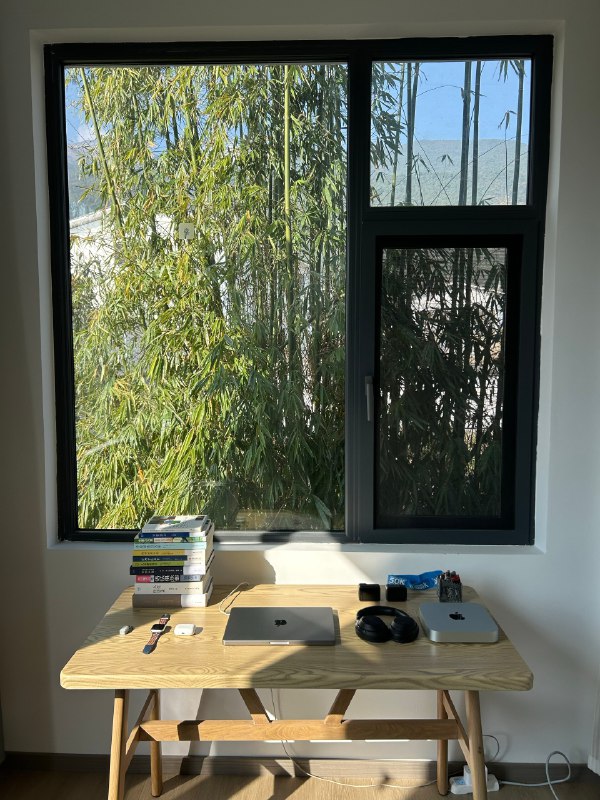 把大理租的房子两个卧室其中朝南的一间改造成了自己办公的空间，窗前就是一片竹林和苍山，是安静和理想的工位了