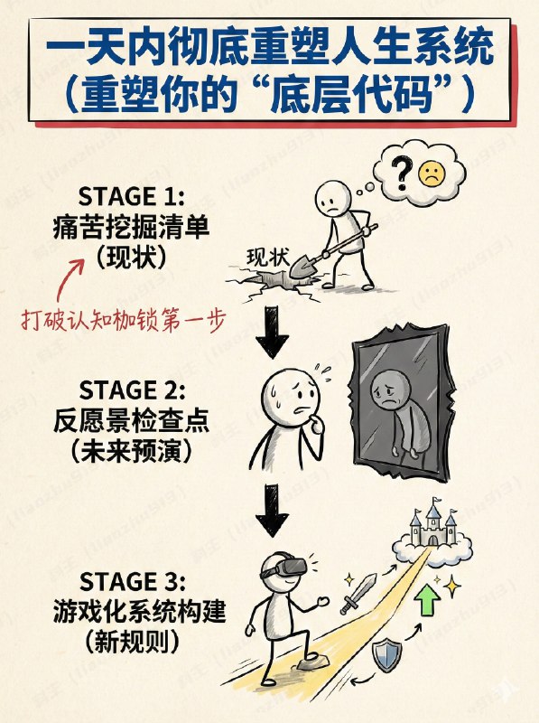 如何在一天内彻底重塑你的人生系统来自DanKoe的深度长文，我从中提炼了3个打破认知枷锁的工具清单，分享给懂很多道理，但生活依然没有起色的你：1. 痛苦挖掘清单：- [ ] 我已经学会忍受的、持续而隐约的不满是什么？- [ ] 过去一年我最常抱怨哪三件事？- [ ] 我目前的行为到底在保护什么（面子、安全感）？- [ ] 为了不改变，我用了什么尴尬的理由（借口）？2. 反愿景检查点：- [ ] 描述5年后的普通周二（如果我不改变）：我在哪里醒来？我的身体感觉如何？我醒来后的第一个念头是什么？谁在我身边？我9点到18点之间在做什么？晚上10点时，我感觉如何？- [ ] 到生命尽头时，我因为选择了“安全”而失去了什么体验？代价是什么？你从未允许自己去感受、尝试或成为的是什么？3. 游戏化系统构建清单：- [ ] 反愿景：不想过的生活（地狱）
