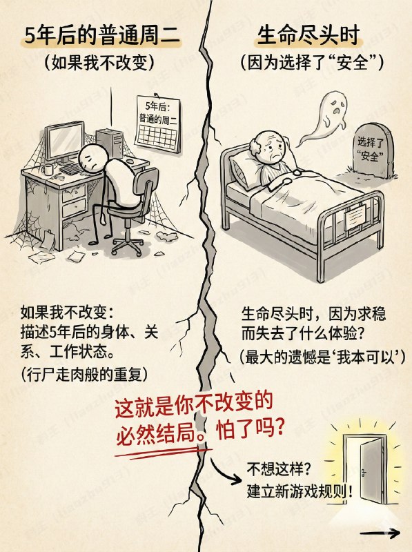 如何在一天内彻底重塑你的人生系统来自DanKoe的深度长文，我从中提炼了3个打破认知枷锁的工具清单，分享给懂很多道理，但生活依然没有起色的你：1. 痛苦挖掘清单：- [ ] 我已经学会忍受的、持续而隐约的不满是什么？- [ ] 过去一年我最常抱怨哪三件事？- [ ] 我目前的行为到底在保护什么（面子、安全感）？- [ ] 为了不改变，我用了什么尴尬的理由（借口）？2. 反愿景检查点：- [ ] 描述5年后的普通周二（如果我不改变）：我在哪里醒来？我的身体感觉如何？我醒来后的第一个念头是什么？谁在我身边？我9点到18点之间在做什么？晚上10点时，我感觉如何？- [ ] 到生命尽头时，我因为选择了“安全”而失去了什么体验？代价是什么？你从未允许自己去感受、尝试或成为的是什么？3. 游戏化系统构建清单：- [ ] 反愿景：不想过的生活（地狱）