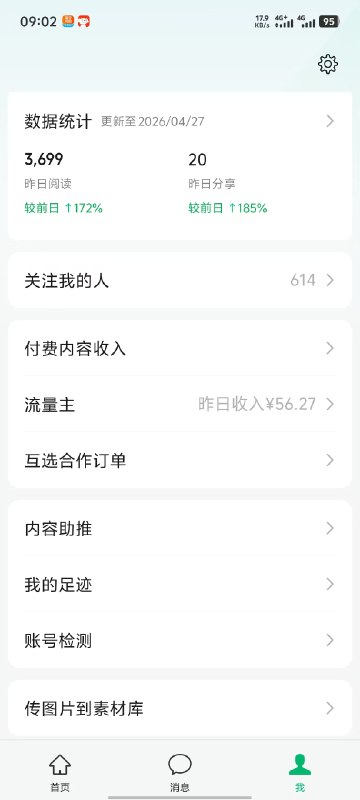 公众号流量主日收益56，阅读量是3699