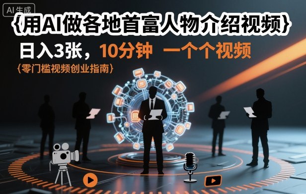 项目介绍：在视频号发布各地首富人物介绍视频，能获得非常可观互动数据，而且播放量都是几十W到几百W，单个视频收益几十块到几百块，可以同时做多个号，每天收益可达300+，而且制作简单，10分钟就能搞定一个，全程用deepseek+剪映AI功能制作